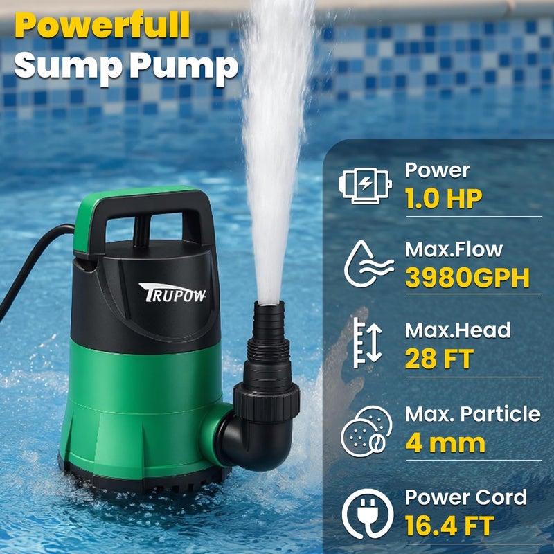 TRUPOW 1 HP Sump Pump Submersible Water Pump 3981 GPH Portable Thermoplastic Electric Utility Pump for Swimming Pool Garden Basement Tub Pond Draining Remove Water Level Down to 0.3" - Image 2